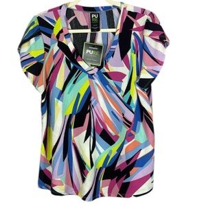 Pure Essence Urbanology Inc. Puff Sleeve Multicoloured Graphic Blouse Size Large